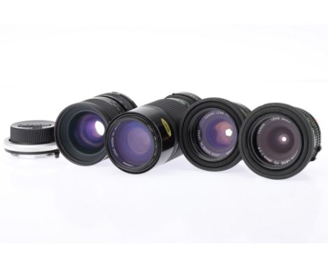 Four Canon FD Mount Camera Lenses,to include a Canon FD f/1.8 50mm lens, optics G, with a Canon FD f/2.8 28mm lens, optics VG