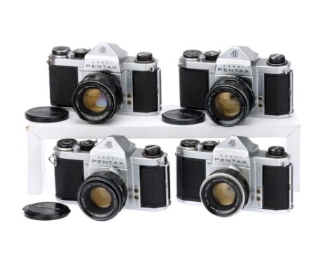 Four Asahi Pentax SLR Cameras,all chrome, including Asahi Pentax S1, with Auto-Takumar f/2.2 55mm lens, body, G, shutter work
