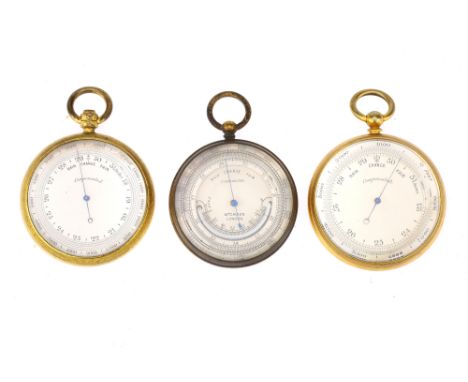 Three Pocket Barometers,all c. 1880-1910, in gilt brass, in velvet lined Morocco cases, all with rotating altimeter bezels, a