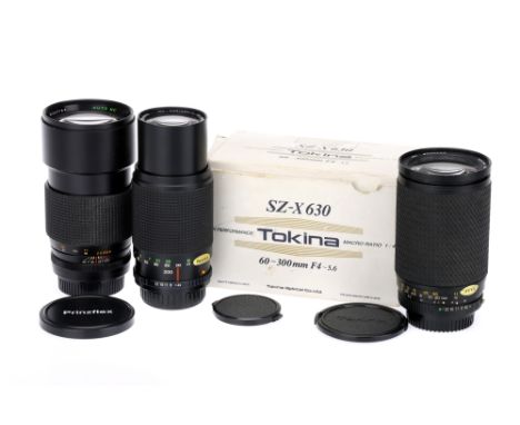 Three Telephoto Camera Lenses for Pentax Cameras,to include a Tokina SZ-X 630 60-300mm lens, a Prinzflex f/3.3 200mm lens, &a