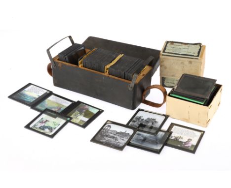 A Mixed Selection of Magic Lantern Slides,primarily religious hmyns, buildings of interest, daily life, etc, in a cardboard b