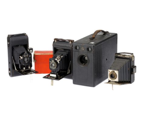 A Butcher's Midg Drop Plate Camera,black, body G-VG, shutter working, together with three other folding cameras,