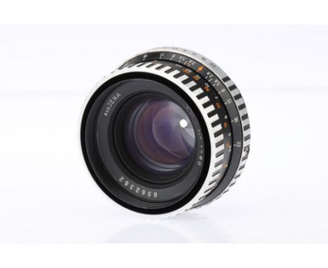 An Aus Jena f/2.8 80mm Bm Camera Lens,body G-VG, optics F, some haze spots to elements, marked Bm,