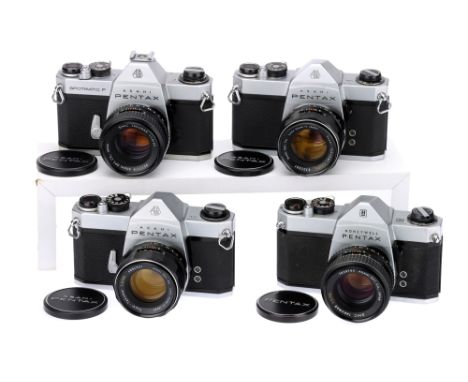 Four Asahi Pentax SLR Cameras,all chrome, including Asahi Pentax SL, with Super-Takumar f/2 55mm lens, body, VG, shutter work