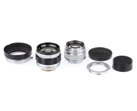 Two Canon L39 Screw Mount Lenses,including Canon f/1.4 50mm and Canon f/1.5 50mm, bodies overall, G, elements overall, G-VG, 