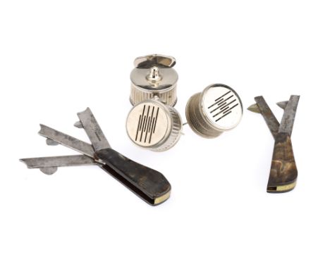 Medical Bleeding, Three French Scarificators and Two English Fleams,Sheffield fleams, 19th century, with carbon steel blades,