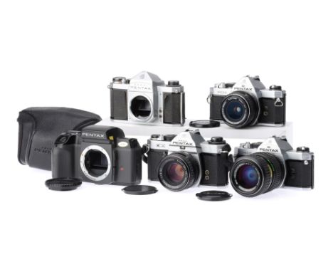 A Selection of Pentax 35mm SLR Camerascomprising an Asahi Pentax KX camera with an SMC Pentax f/1.8 55mm lens, two Asahi Pent