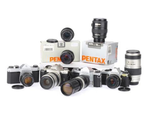 A Selection of Pentax 35mm SLR Cameras and Lensescomprising a Pentax ME Super camera, with an SMC Pentax-A f/1.7 50mm lens, a
