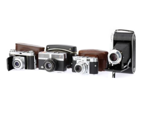 A Small Selection of German Camerascomprising a VoigtlÃ¤nder Bessa I 6 x 9cm folding camera with a f/4.5 105mm Vaskar lens, s