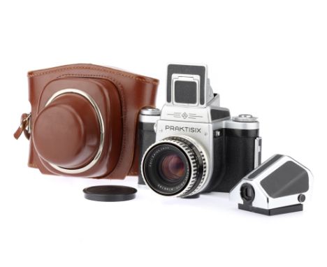 A Praktisix Medium Format SLR Camera,body G-VG, working shutter, together with waist-level finder &amp; standard prism, also 