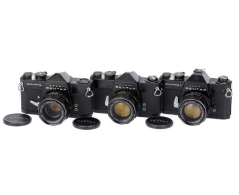 Three Asahi Pentax SLR Cameras,including Asahi Pentax SL, with Super-Takumar f/2 55mm lens, body, G-VG, shutter working, lens