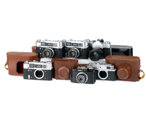 A Selection of Six Soviet Cameras,to include a Zenit B, body AF, with Helios-44 f/2 58mm lens, optics P, cleaning marks &amp;