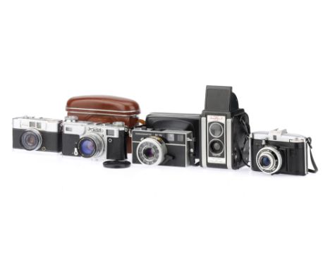 A Mixed Selection of Camerascomprising a Kiev 4A 35mm rangefinder camera with a Jupiter-8M f/2 50mm lens, shutter jammed, a F