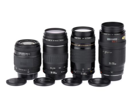 Three Canon Telephoto Camera Lenses, to include a Canon Zoom Lens EF f/4 70-210mm lens, body G-VG, optics G-VG, together with