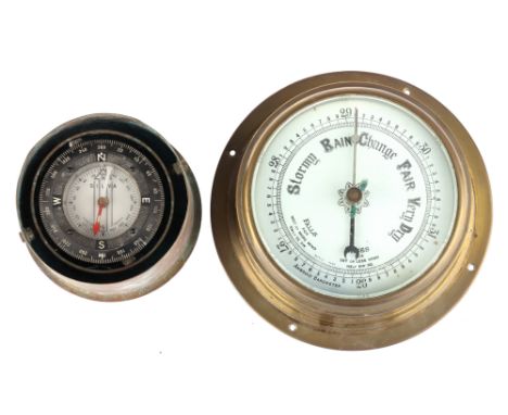 Ship's Barometer and A Boat Compass,brass bulkhead aneroid barometer, early 20th century, marked 'BRITISH MADE', pressure tes