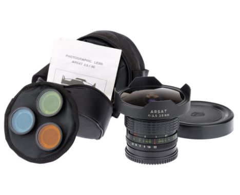 An Arsat f/3.5 30mm Ultra Wide Angle Camera Lens,body VG, optics VG, with maker's case, leaflet &amp; end caps, made in Ukrai