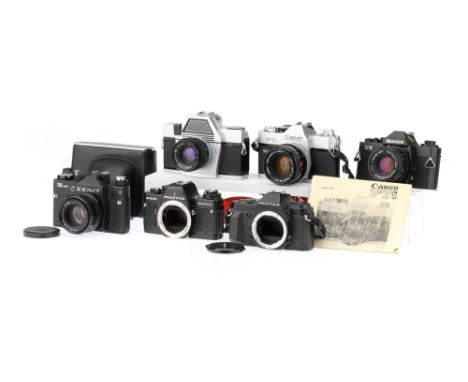 A Selection of SLR 35mm Film Camerascomprising a Canon FTbn camera, chrome, with an FD S.C. f/1.8 50mm lens, shutter working,