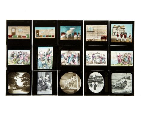 A Selection of Various Story &amp; Commercial Magic Lantern Slides,8cm x 8cm, in pine box (a lot)