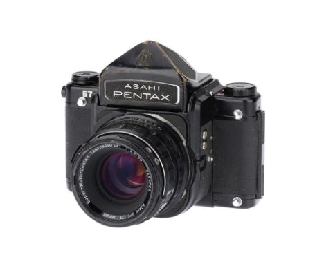 A Pentax 67 Medium Format SLR Camera,black, body P-VG, camera very dirty on outside, stored poorly, batter check light illumi