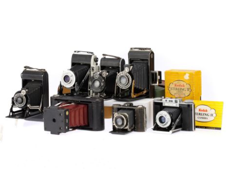 A Selection of Folding Roll Film Camerascomprising a Folding Pocket Kodak 1A, 1900, serial no. 23220, a Nagel 74, a Zeiss Iko