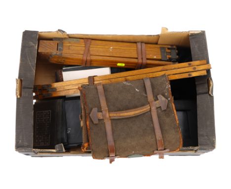 A Mixed Selection of Large Format Camera Parts &amp; Accessories,to include two wooden tripods, a selection of lens boards, &