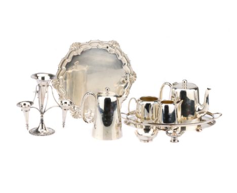 A Mid-Twentieth Century Four Piece Tea Set,together with three branch epergne, galleried tray, salver and Danish style candle