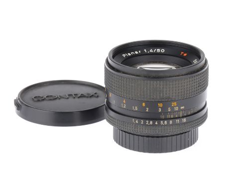 A Carl Zeiss Planar T* f/1.4 50mm Camera Lens,in Contax/Yashica mount, body VG, optics VG, some light internal dust present, 