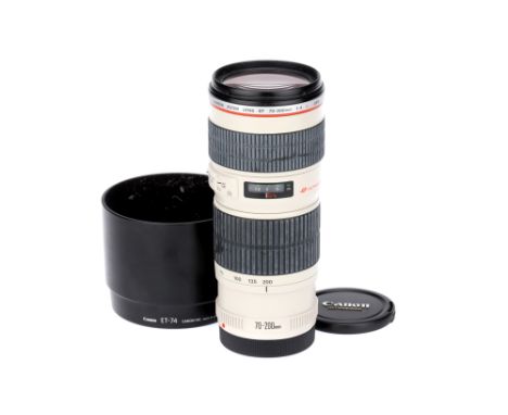 A Canon EF L f/4 70-200mm Lens,white, serial no. 303085, body, VG, elements, F-VG, some light internal fungus spots, with len