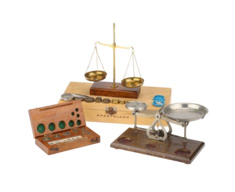 A Set of Miniature Weighing Scalesbalance fulcrum type on a wooden base with three circular insets for weights with a set of 