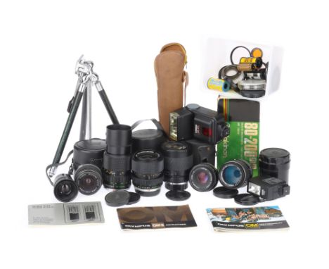 Olympus and Pentax SLR Camera Lenses and Accessoriesincluding an Olympus OM-System Zuiko Auto-Zoom f/4 75-150mm and S Zuiko A