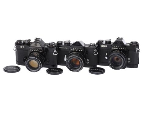Three Asahi Pentax SLR Cameras,all black, including Asahi Pentax SP, with Takumar f/1.4 50mm lens, body, VG, shutter working,