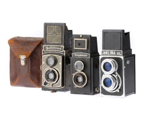 Three TLR Camerascomprising a Rollei Rolleicord I Art Deco diamond-pattern TLR camera, 1933-36, with a Carl Zeiss Jena Triota