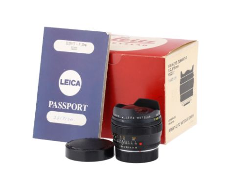 A Leitz Wetzlar Fisheye-Elmarit-R f/2.8 16mm Lens1977, black, serial no. 2817120, 3-cam, body G-VG, elements F-G, faint fungu