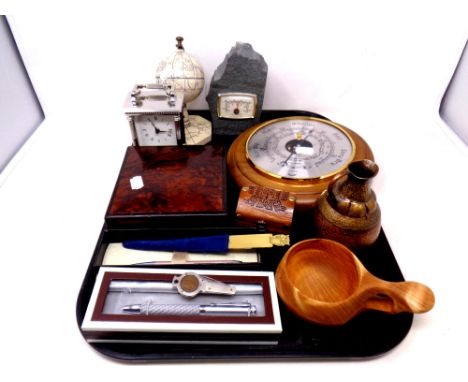 A tray of miscellany to include Daymaster circular barometer, boxed pens to include Parker, brass letter opener, carriage clo