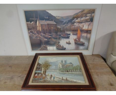 A Burnett oil on canvas, Parisian scene with Notre Dame beyond, and a Rodney Scham print : At the end of the day, Polperro, i