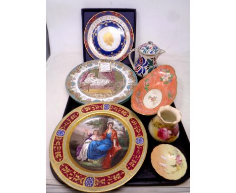 A tray of antique and later ceramics - Royal Vienna plate, two pairs of 19th century Worcester plates, boxed Royal Worcester 