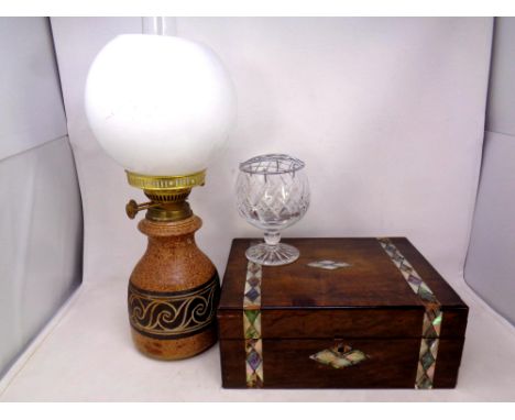 A tray of 19th century walnut mother of pearl inlaid jewellery box containing Citizen wristwatch, silver jar lid, Duplex oil 