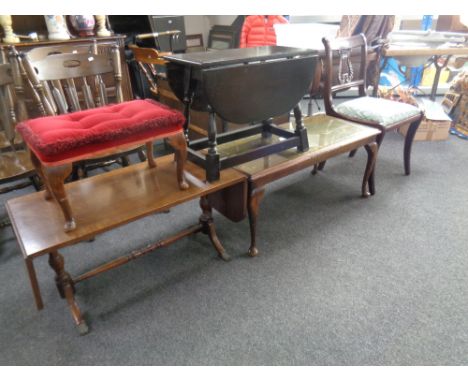 A mahogany flap sided sofa table, coffee table, a drop leaf coffee table, footstool and a dining chair   