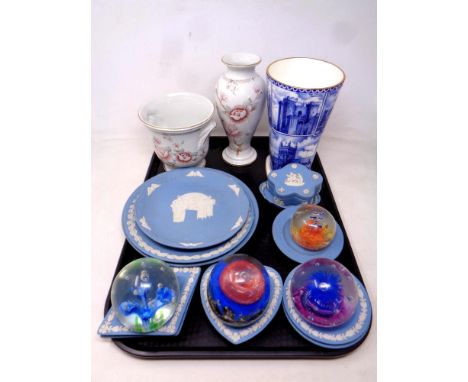 A tray of eleven pieces of Wedgwood Jasperware, four glass paperweights, Ringtons vase and a floral vase with matching plante