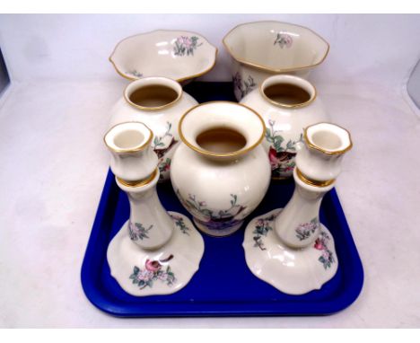 A tray of seven pieces of Lenox Serenade china - pair of vases, candlesticks, planter, comport etc  