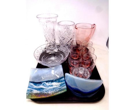 A tray of lead crystal bowl and vases, art glass ashtray, pink glass water jug with beakers 