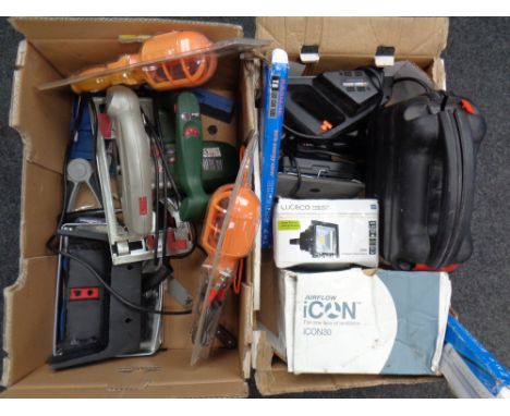 Two boxes of assorted power tools, site light, spot light etc 