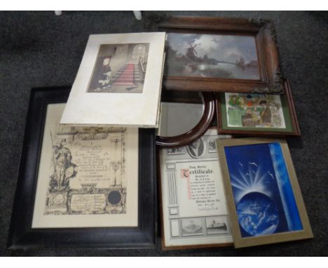 Seven framed and un-framed Edwardian and later pictures and prints : print moonlight on the river, Auctioneer's Institute cer