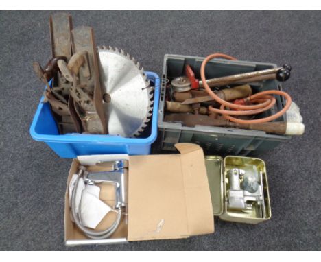 Two boxes of vintage wood working tools, saw blades, pipe bender etc and a Aquaflow mixer tap 
