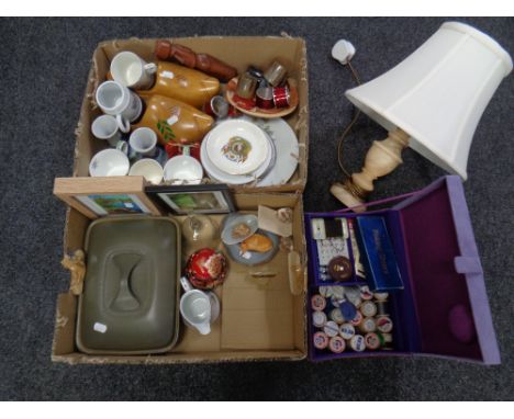 Two boxes of assorted ceramics, wooden clogs, Denby lidded tureen, sewing kit, table lamp and shade, Russian dolls, etc 
