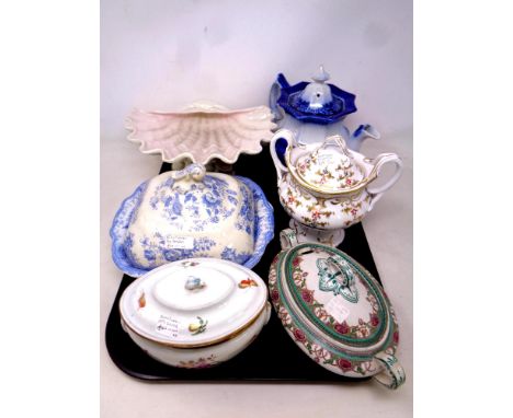 A tray of antique ceramics - blue and white tureens, teapots, Victorian lidded basin, shell dish etc 
