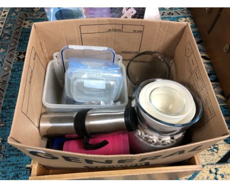 Box of kitchen ware to include plastic storage boxes, Thermos flask, planters, vases, bowls, candles, plastic cups, large gla