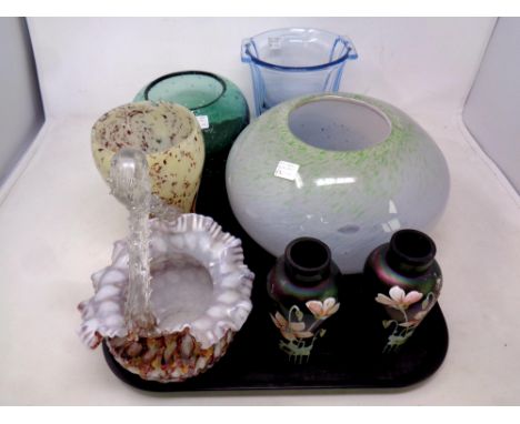 A tray of antique and later glass ware - pair of hand painted petrol glass vases, Art glass vases, Bohemian glass basket etc 