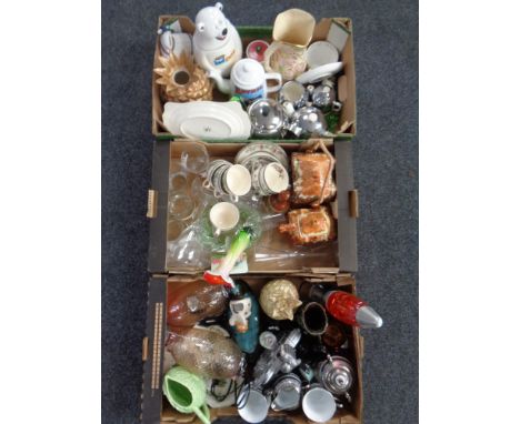 Three boxes of miscellaneous ceramics and glass ware, ornaments, cottage ware biscuit barrel and teapot, lava lamp etc 