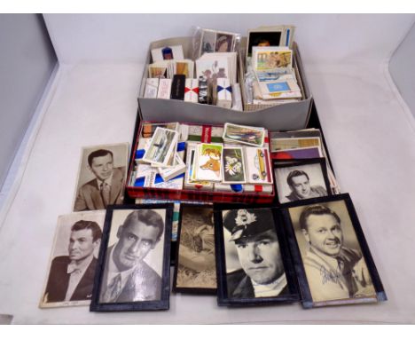 A tray of a large quantity of cigarette and tea cards, together with vintage cigarette packets to include horse racing, flags